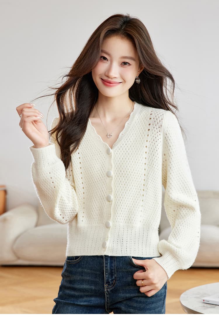실사 프랑스식 V넥 홀로우 아웃 이른 가을 니트 맨위 여성 2026 새로운 자이언트 잘 생긴 장미 분말 한 부서 스웨터 오픈 가디건 상세 이미지 23