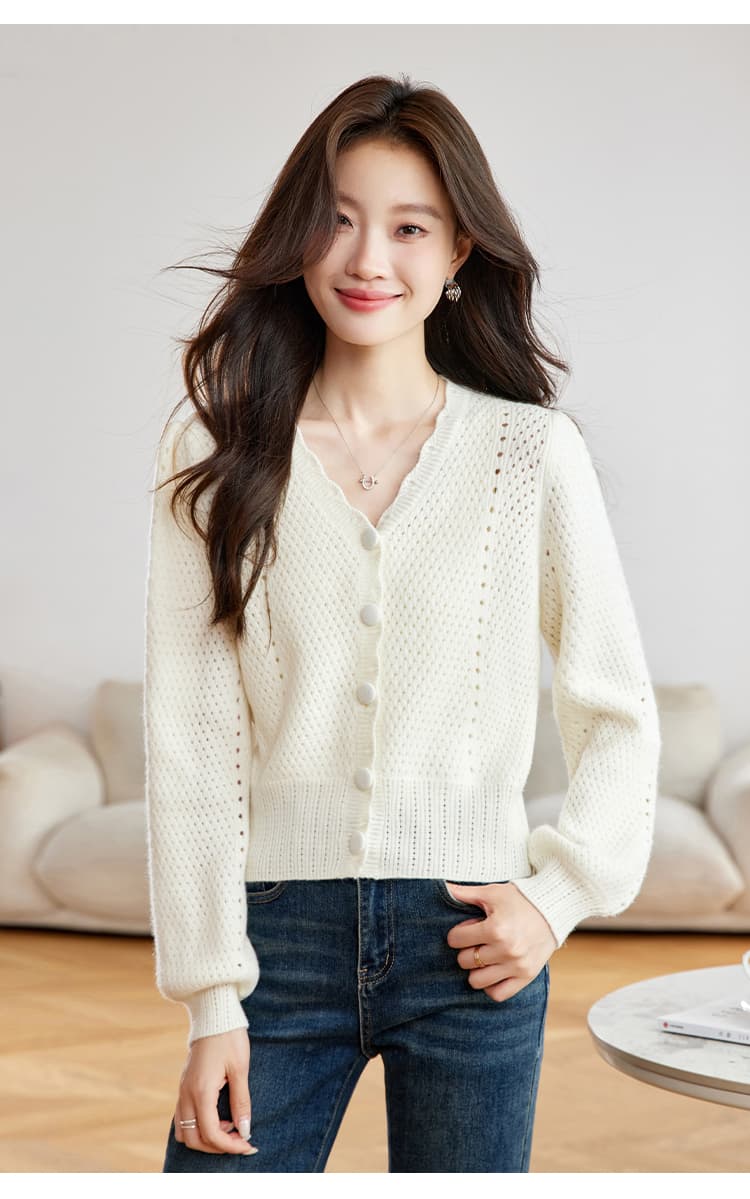실사 프랑스식 V넥 홀로우 아웃 이른 가을 니트 맨위 여성 2026 새로운 자이언트 잘 생긴 장미 분말 한 부서 스웨터 오픈 가디건 상세 이미지 24