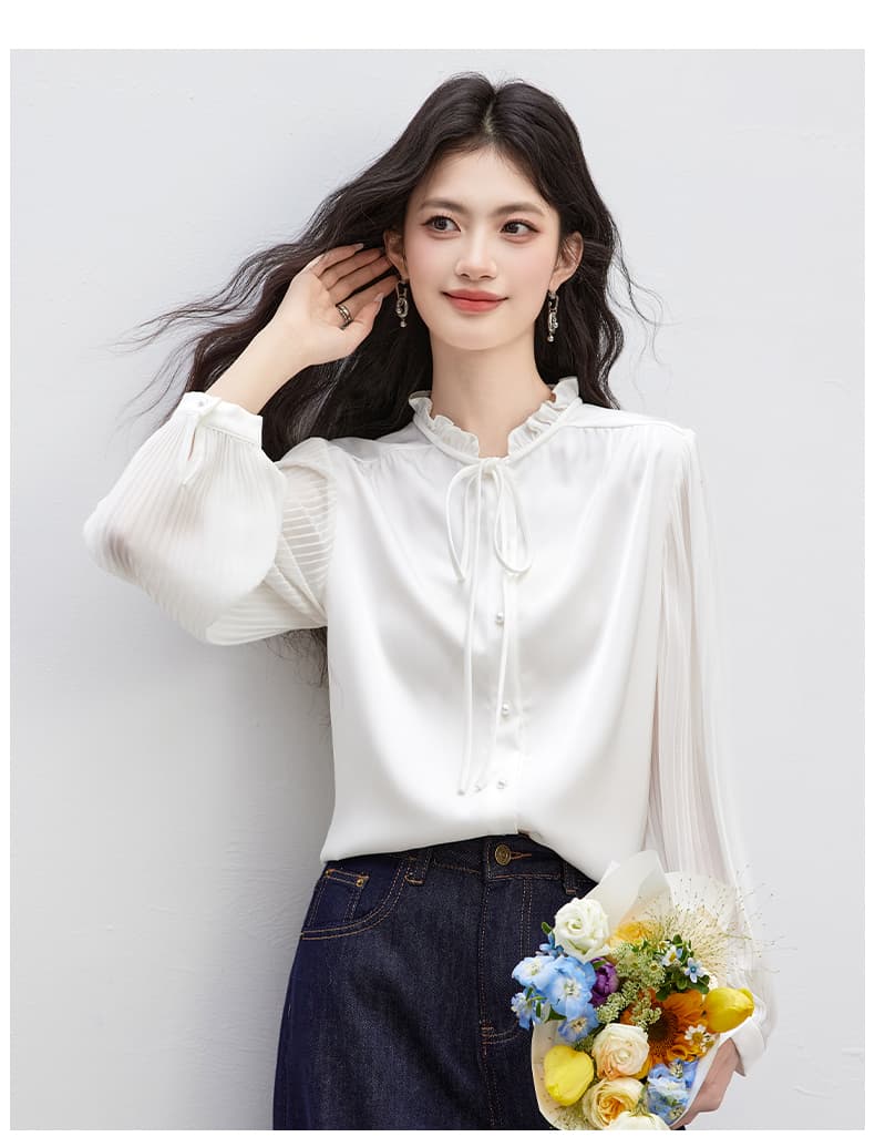 실사 2026 가을 목이버섯 레이스 스탠드 칼라 레이스 업 셔츠 광택 새틴 장기 소매 품격 맨위 상세 이미지 14