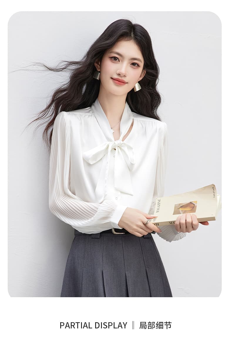 실사 2026 가을 경력 출퇴근 긴팔 새틴 셔츠 장기 벌룬 소매 나비 매듭 리본 맨위 상세 이미지 3