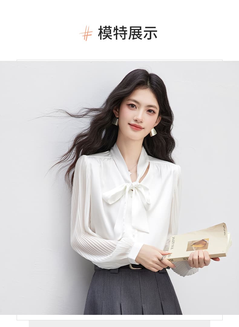 실사 2026 가을 경력 출퇴근 긴팔 새틴 셔츠 장기 벌룬 소매 나비 매듭 리본 맨위 상세 이미지 13