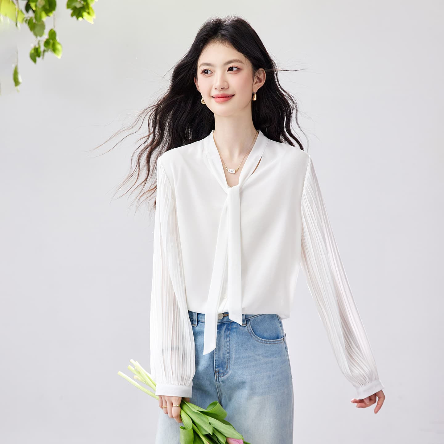 실사 2026 가을 새로운 장기 플리츠 소매 쉬폰 셔츠 도루 센스 쉽지 않음 주름 출퇴근 리본 맨위 이미지 4