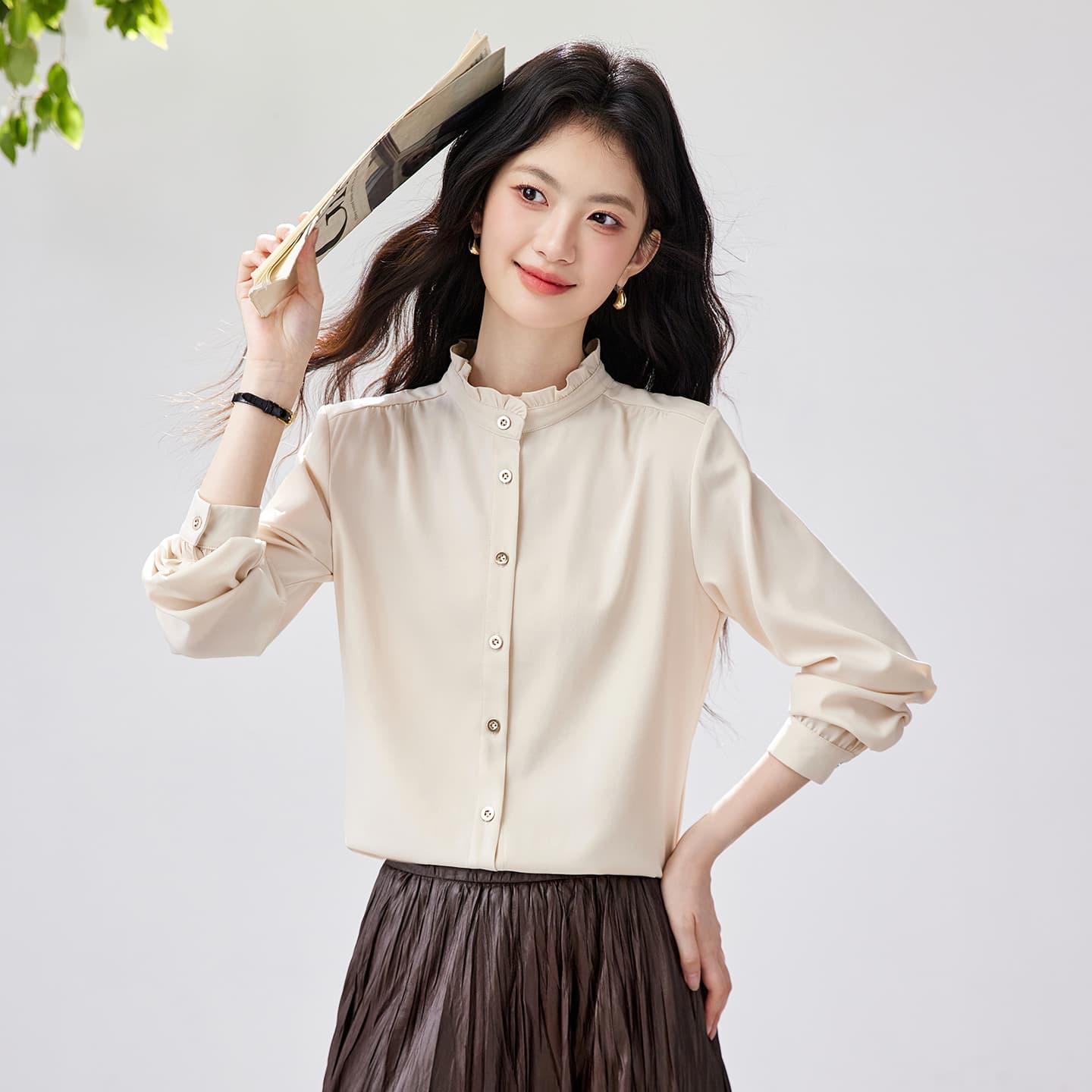 실사 프랑스식 궁정 바람 프릴 스탠드 칼라 여성 셔츠 2026 가을 새로운 긴팔 셔츠 이미지 2