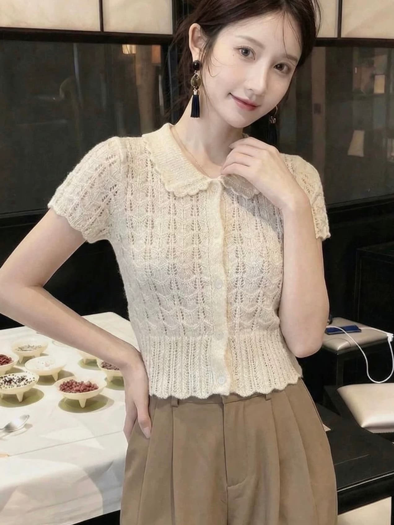 프랑스식 부드러운 바람 홀로우 아웃 베이비 칼라 반팔 니트 스웨터 여성 여름 고급 센스 품격 거품 소매 쇼트 스타일 맨위 상세 이미지 1