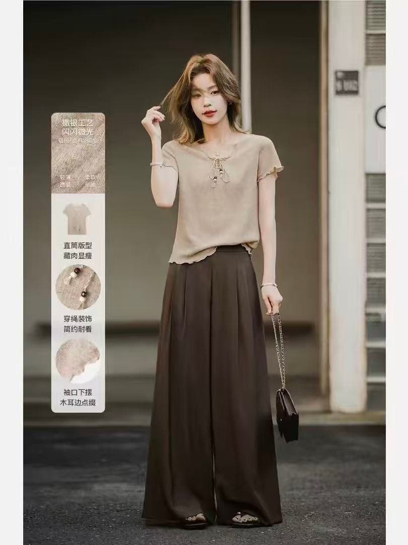 소나무 차 티셔츠 얇은 스타일 반팔 여성 여름 2026 새로운 V넥 작은 키 캐주얼 니트 스웨터 맨위 이미지 3