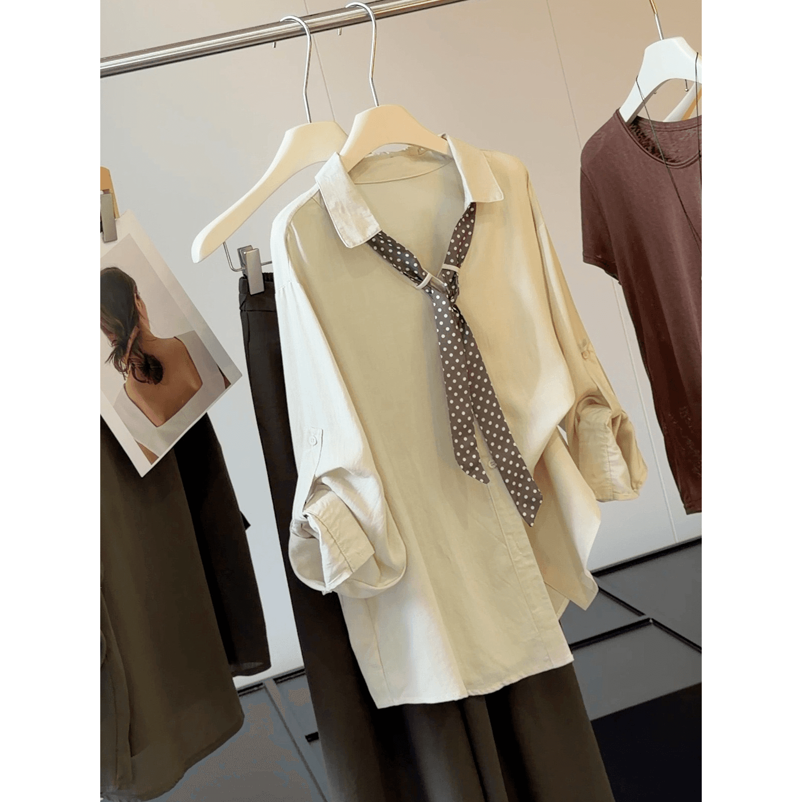 이른 가을 새로운 도트 무늬 리본 POLO 칼라 주간 실크 면 린넨 여성 셔츠 품격 캐주얼 다용도 직장 출퇴근 맨위 이미지 5