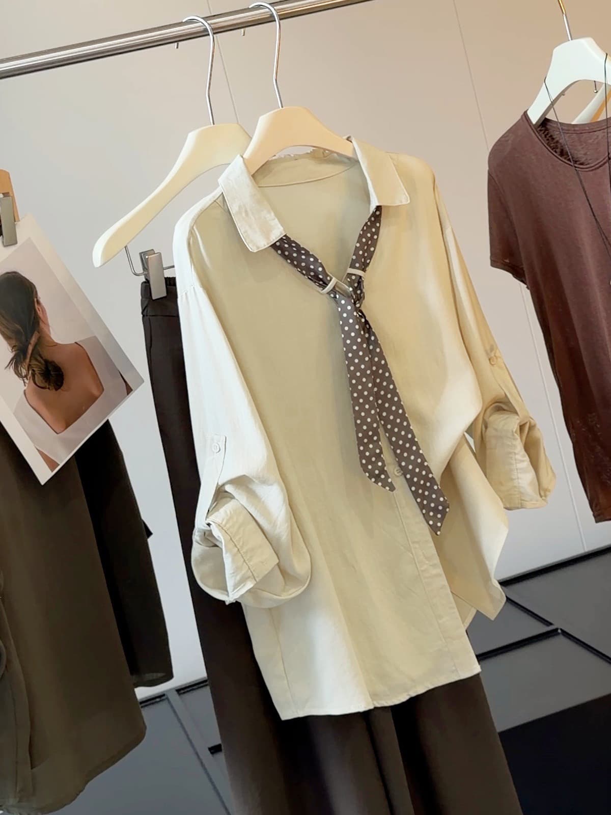 이른 가을 새로운 도트 무늬 리본 POLO 칼라 주간 실크 면 린넨 여성 셔츠 품격 캐주얼 다용도 직장 출퇴근 맨위 상세 이미지 8