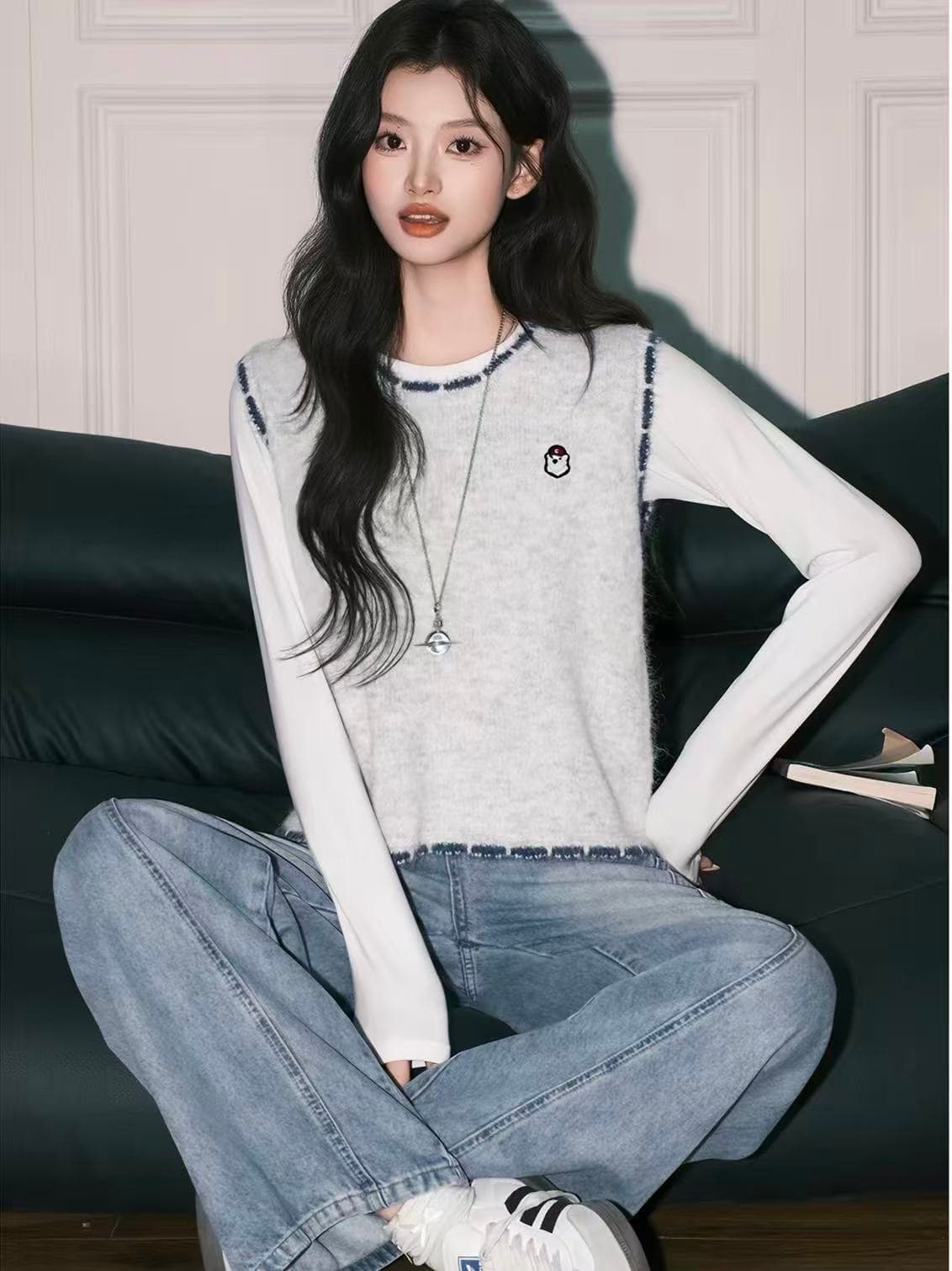 한 부서 회색 라운드 넥 니트 조끼 여자 가을 디자인 센스 배색 민소매 조끼 맨위 상세 이미지 3