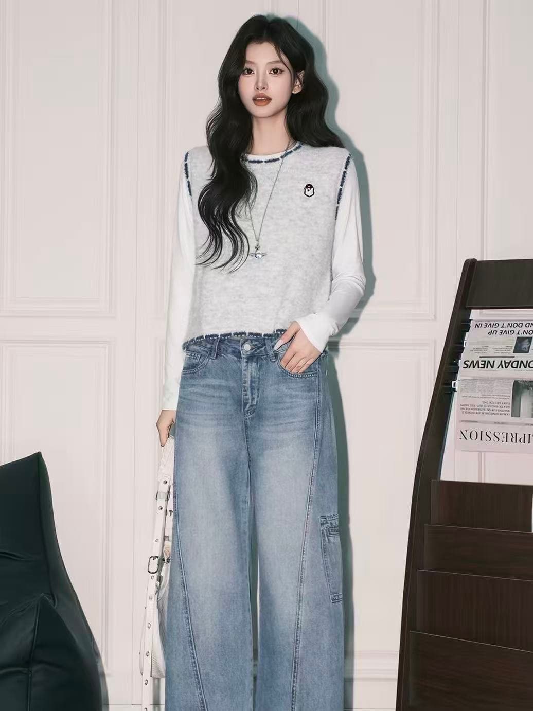 한 부서 회색 라운드 넥 니트 조끼 여자 가을 디자인 센스 배색 민소매 조끼 맨위 상세 이미지 6