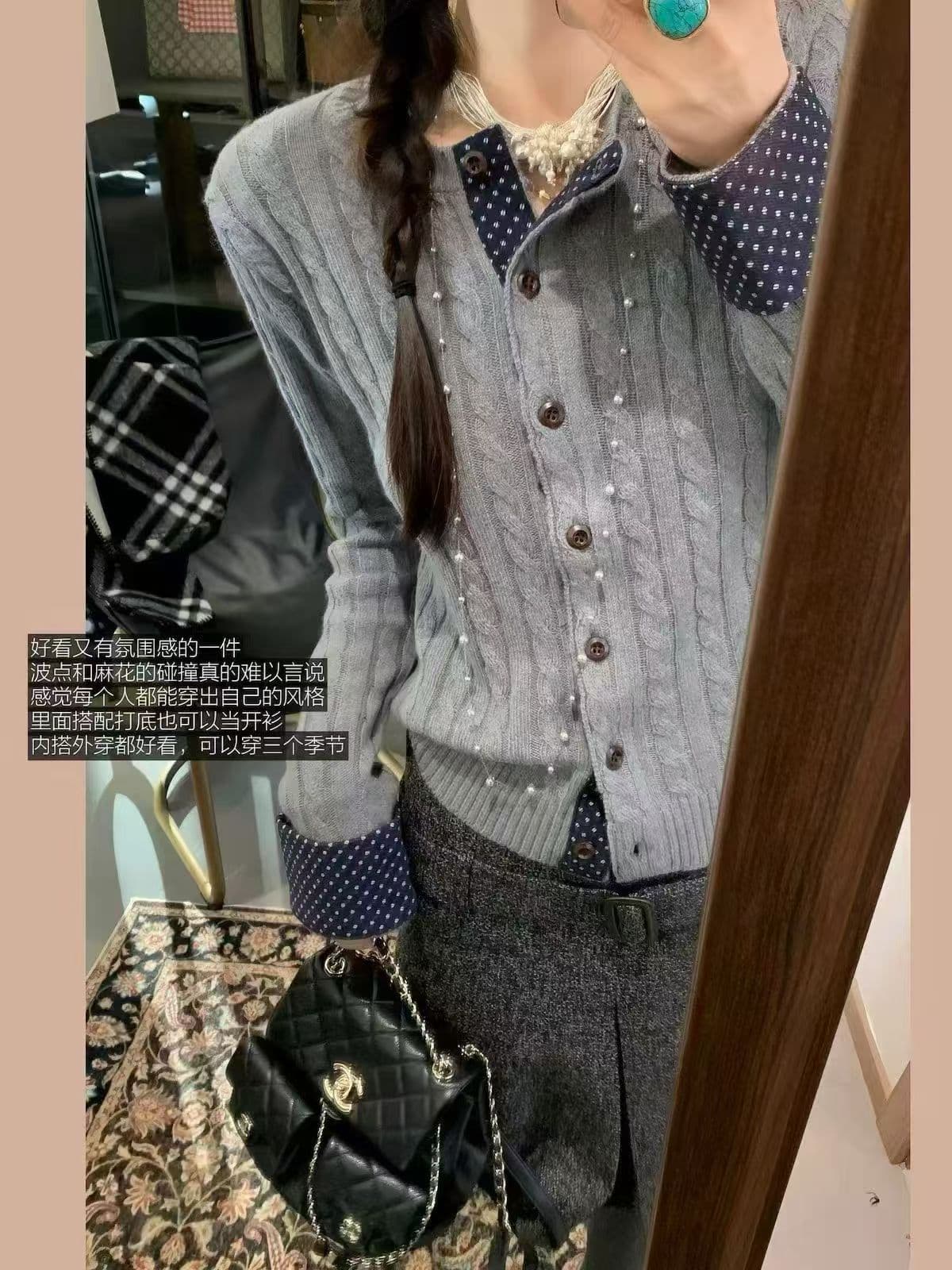 도트 무늬 패치워크 꽈배기 니트 오픈 가디건 여성 가을 겨울 분위기 센스 레트로 라운드 넥 단추 스웨터 코트 이미지 4