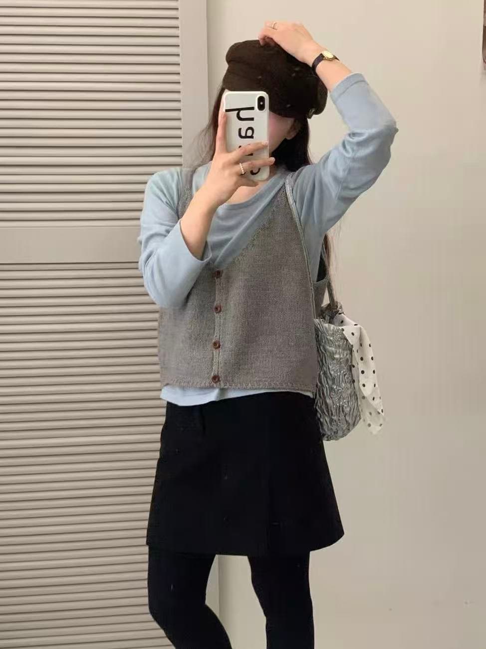 한 스타일 새로운 스택 착용 달콤함 연령 감소 슬립 니트 오픈 가디건 베스트 여성 짧은 외출용 조끼 어깨 상세 이미지 5