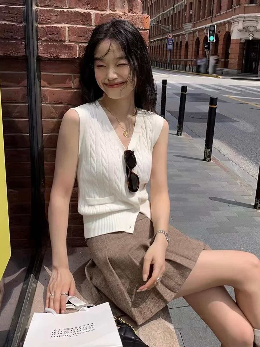 학원 스타일 양모 베스트 오픈 가디건 여성 몸매 가꾸기 슬림해 보이는 꽈배기 스웨터 어깨 V넥 니트 스웨터 조끼 쇼트 스타일 상세 이미지 2