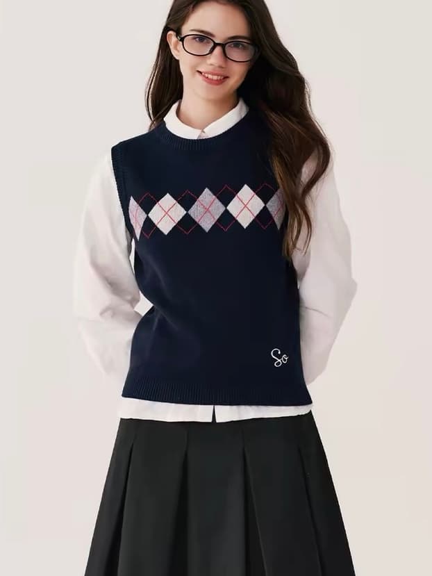 학원 스타일 링 체크무늬 니트 조끼 여성 민소매 라운드 넥 자카드 다용도 스웨터 스택 착용 조끼 상세 이미지 2