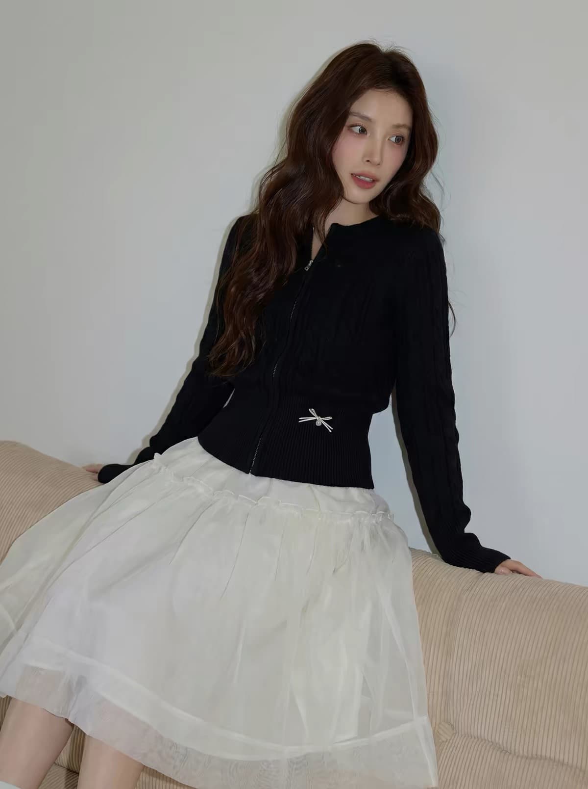 한 부서 핑크색 라운드 넥 꽈배기 니트 오픈 가디건 여성 가을 겨울철 캐주얼 몸매 가꾸기 에어컨 객실 지퍼 재킷 상세 이미지 6