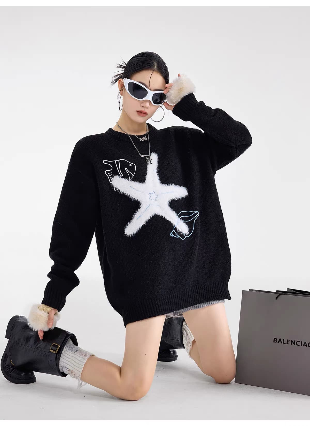 아메리칸 불가사리 라운드 넥 풀오버 스웨터 여자 루즈핏 가을 새로운 느긋한 고급 센스 털 니트 스웨터 상세 이미지 8