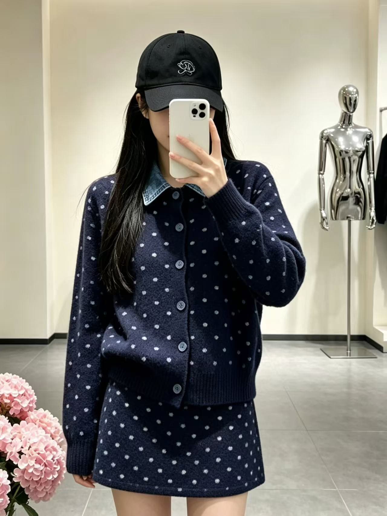 프랑스식 살구 색상 도트 무늬 스웨터 맨위 플러스 반신 스커트 여성 투피스 슈트 품격 하이웨이스트 슬림해 보이는 짧은 치마 상세 이미지 3