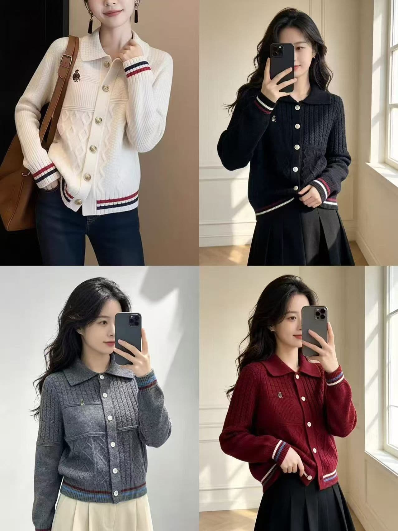 프랑스식 부드러운 바람 화이트 폴로 칼라 니트 오픈 가디건 여성 봄 배색 단추 스웨터 출퇴근 다용도 슬림해 보이는 맨위 상세 이미지 5