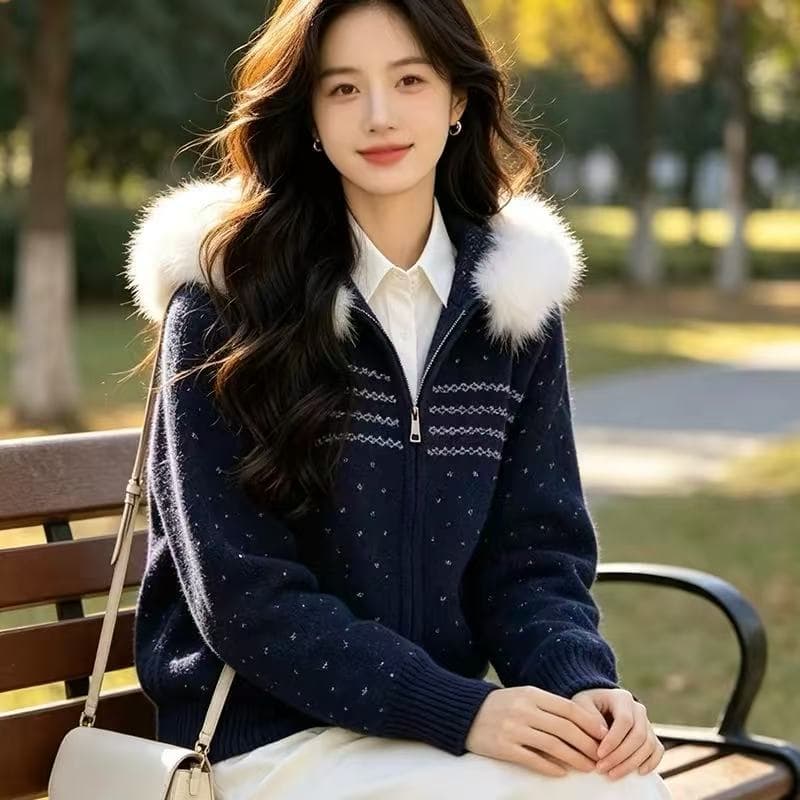 공정한 섬 후드 모피 칼라 지퍼 스웨터 여성 코트 가을 겨울 겨울 두꺼운 쇼트 스타일 니트 후드티 오픈 가디건 맨위 이미지 5