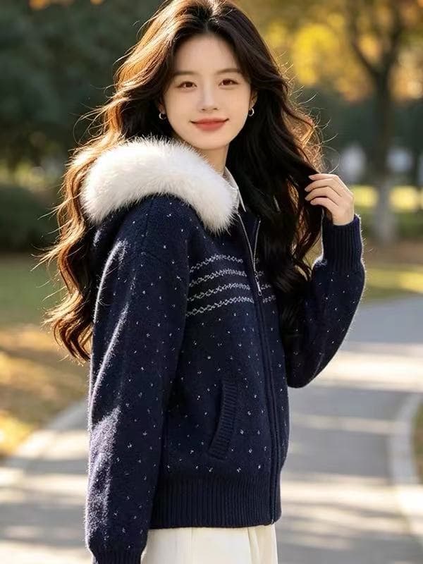 공정한 섬 후드 모피 칼라 지퍼 스웨터 여성 코트 가을 겨울 겨울 두꺼운 쇼트 스타일 니트 후드티 오픈 가디건 맨위 상세 이미지 5