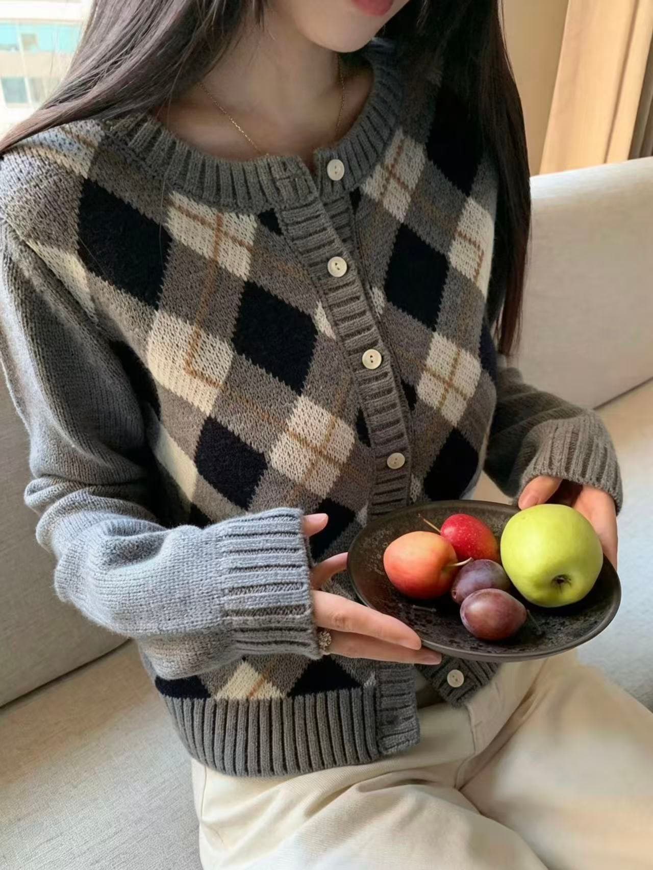 베를린 오래된 꿈 레트로 체크무늬 라운드 넥 니트 오픈 가디건 여성 가을 한 부서 슬림해 보이는 다용도 스웨터 코트 상세 이미지 1