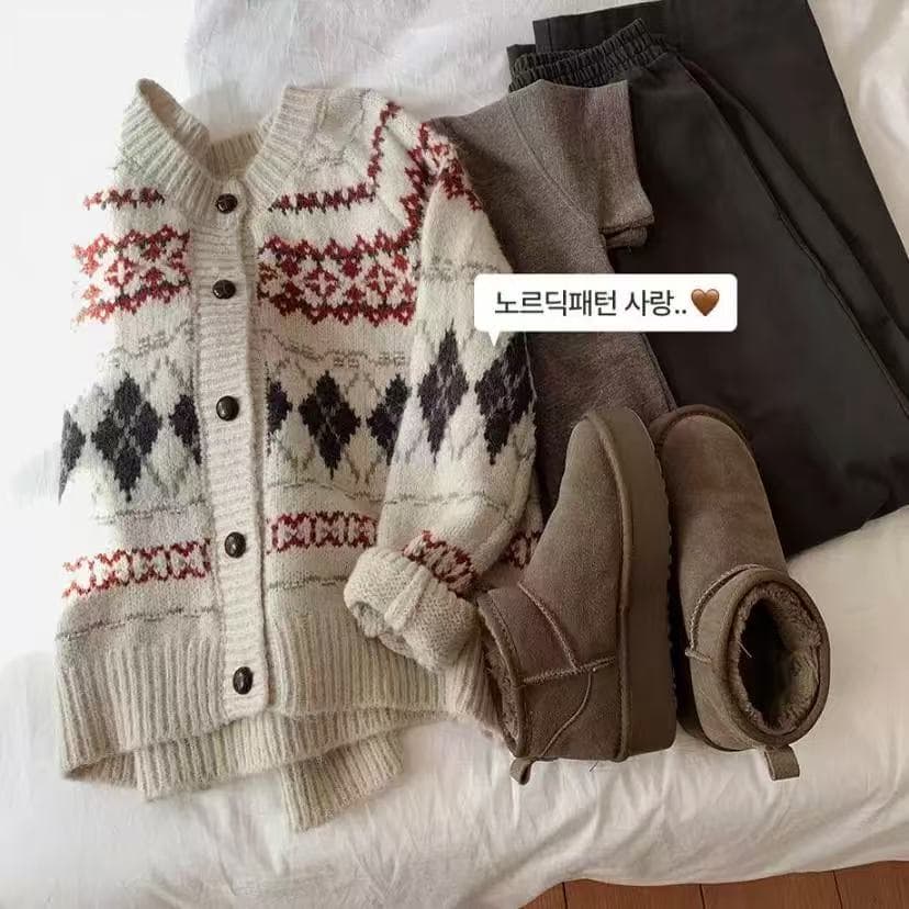 공정한 섬 자카드 레트로 링 그리드 니트 오픈 가디건 작은 대중 고유 한 디자인 센스 와이드 부드러운 찹쌀 무거운 스웨터 코트 상세 이미지 2