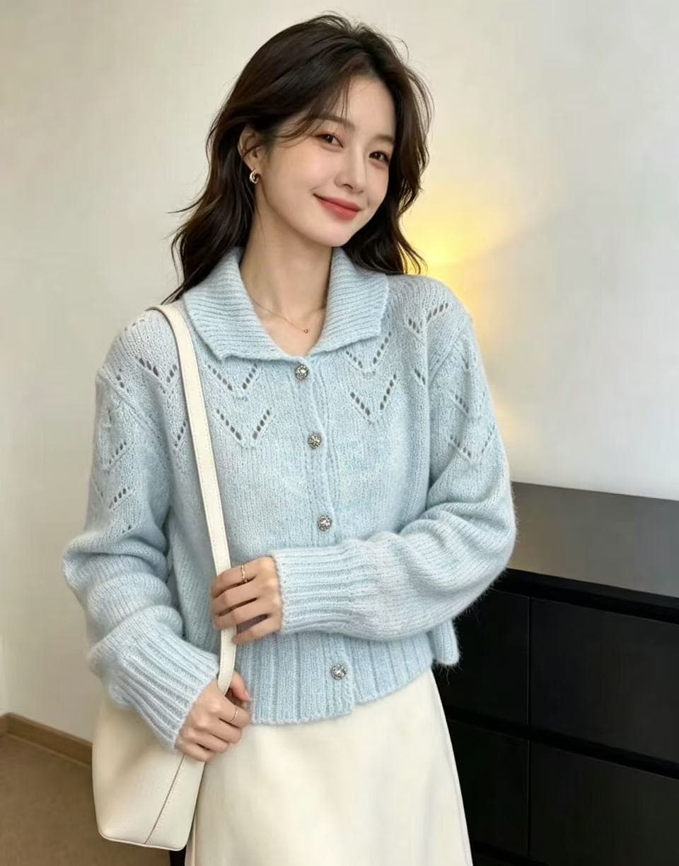 프랑스식 폴로 칼라 니트 오픈 가디건 여성 2026 조기 가을 화이트 파란색 느긋한 바람 외부 가져 가라. 쇼트 스타일 재킷 연령 감소 맨위 이미지 3