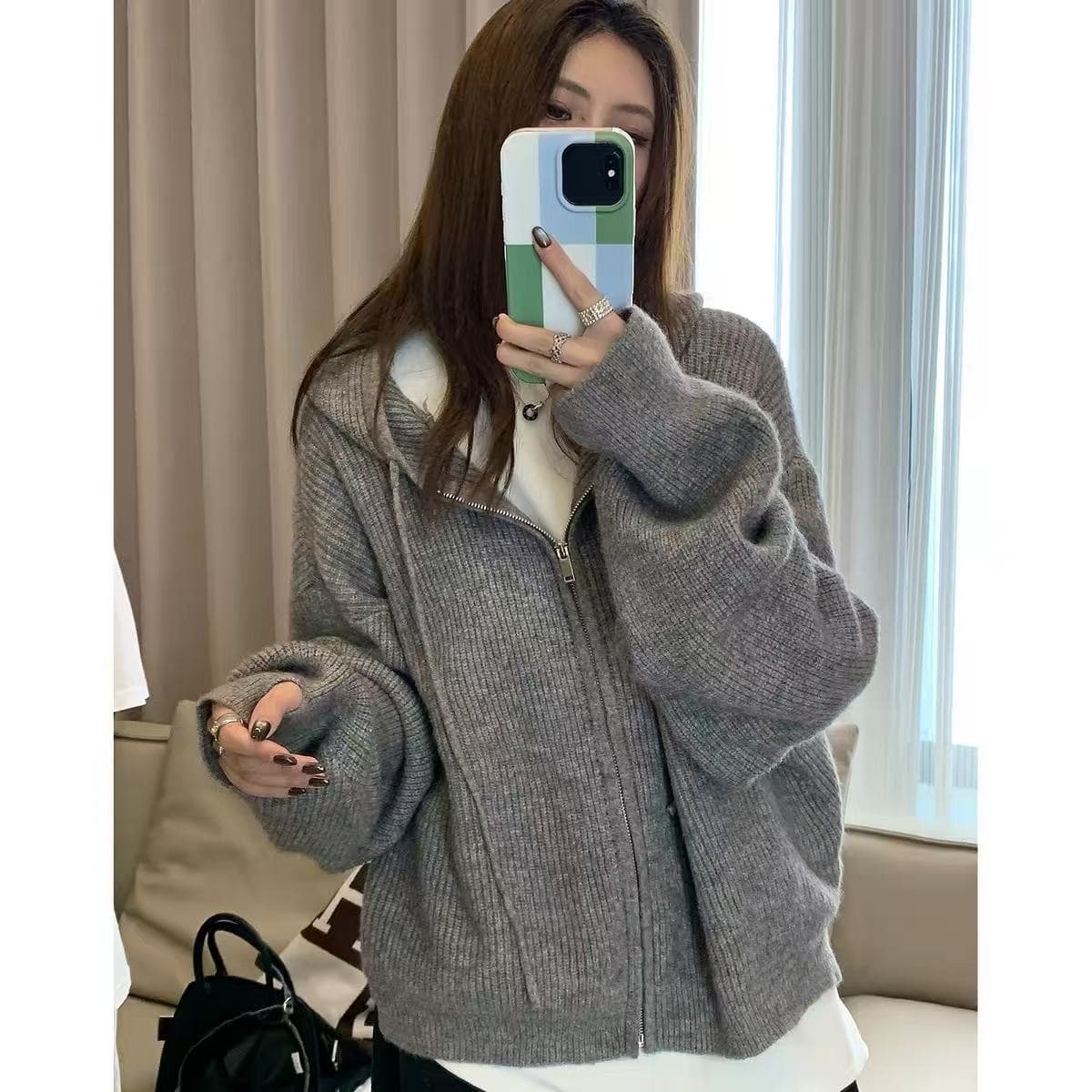 스택 음악 2.0 한 부서 후드 스웨터 인사이드 가져 가라. 느긋한 바람 니트 오픈 가디건 지퍼 재킷