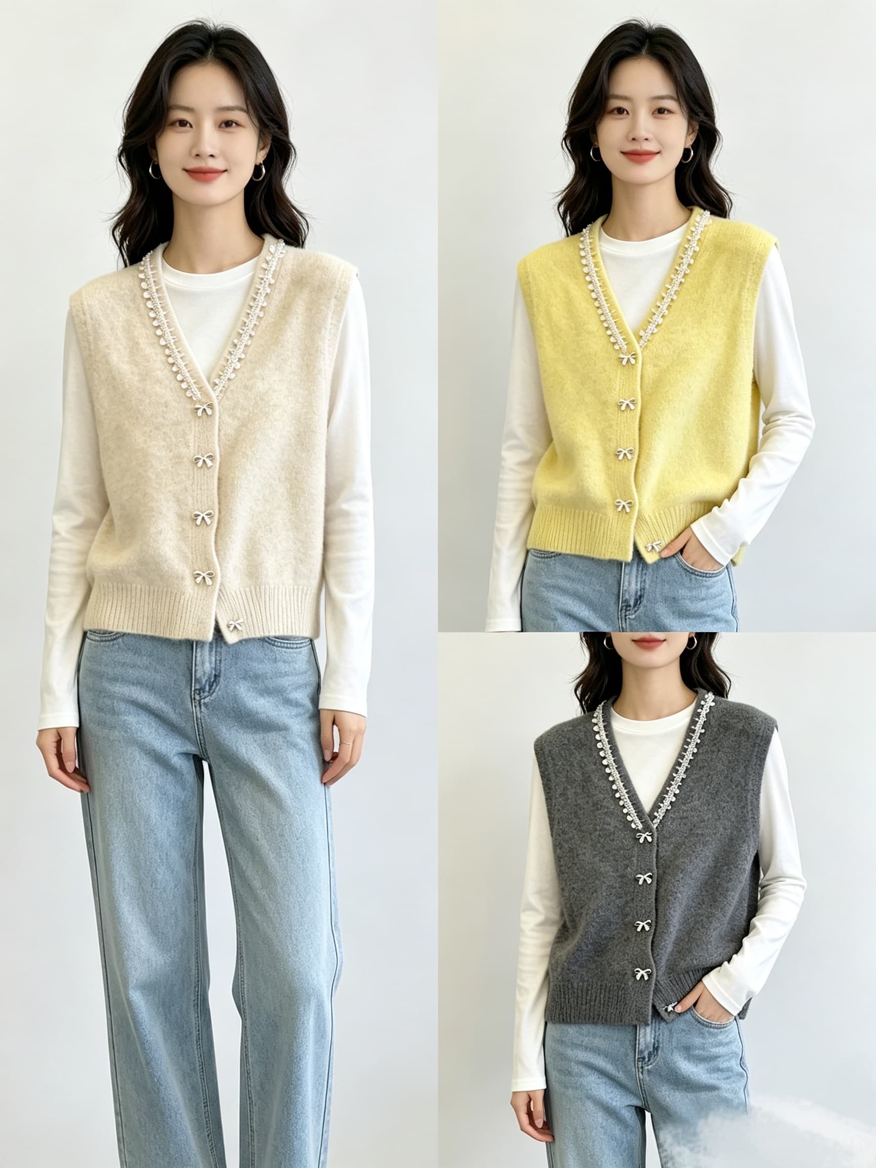 프랑스식 무거운 작업 비즈 박기 스팽글 V넥 니트 오픈 가디건 조끼 여자 가을 겨울 작은 샤넬 스타일 스택 착용 슬림해 보이는 민소매 맨위 이미지 2