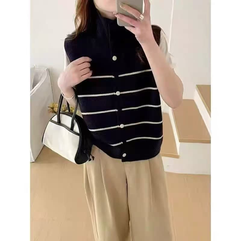 가을 겨울철 새로운 스택 착용 반하이넥 스트라이프 루즈핏 다용도 스웨터 오픈 가디건 베스트 니트 조끼 한 부서 민소매 이미지 4