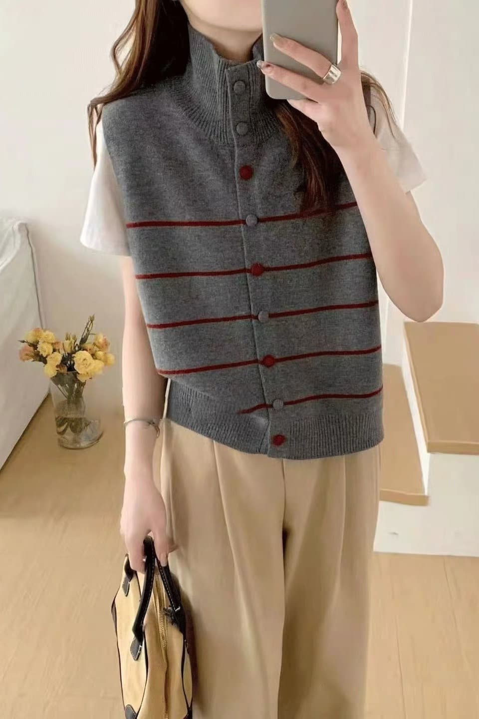 가을 겨울철 새로운 스택 착용 반하이넥 스트라이프 루즈핏 다용도 스웨터 오픈 가디건 베스트 니트 조끼 한 부서 민소매 이미지 5