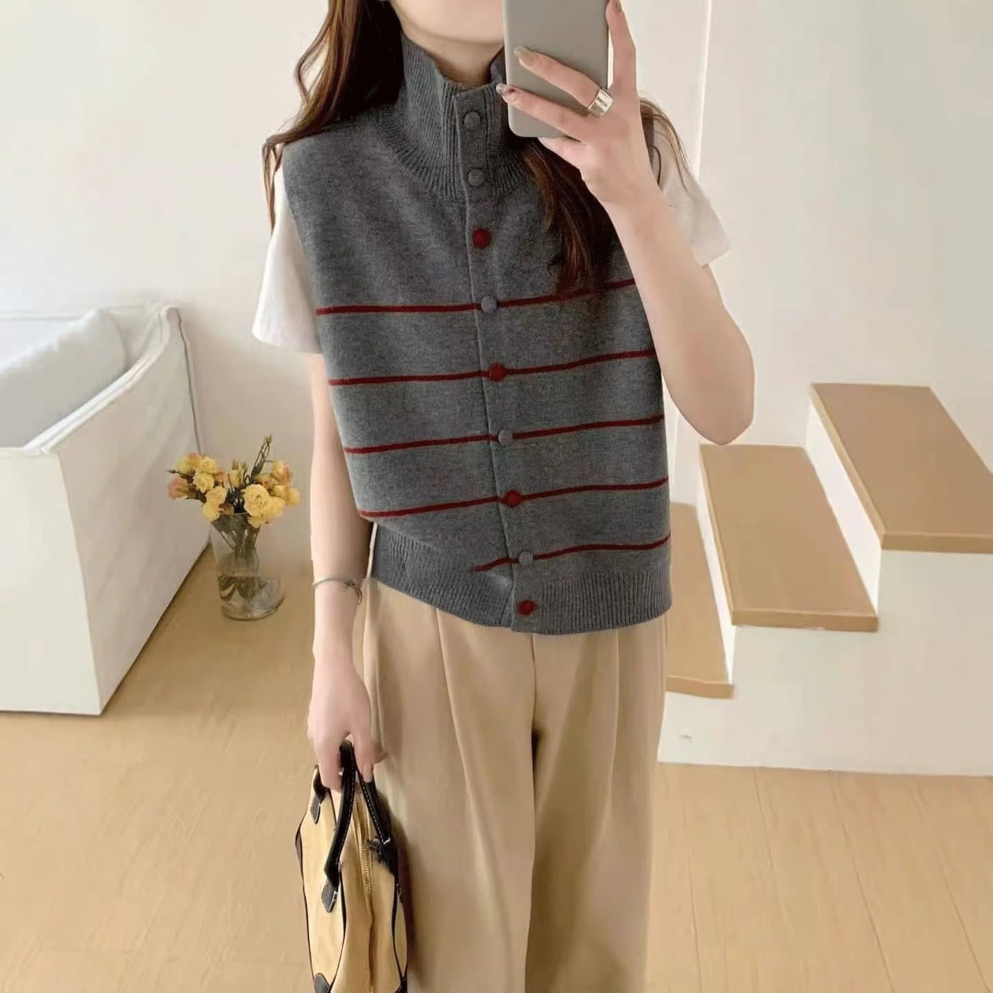 가을 겨울철 새로운 스택 착용 반하이넥 스트라이프 루즈핏 다용도 스웨터 오픈 가디건 베스트 니트 조끼 한 부서 민소매 상세 이미지 6