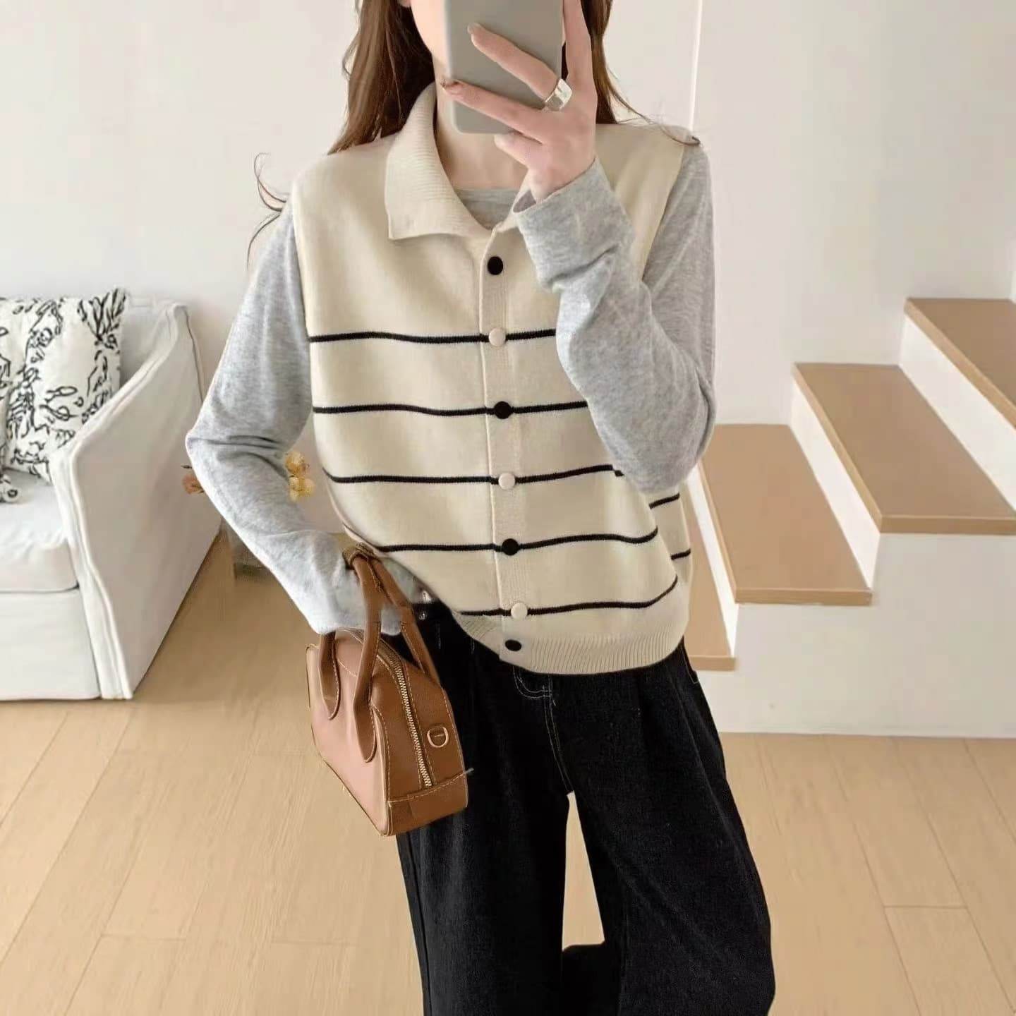 가을 겨울철 새로운 스택 착용 반하이넥 스트라이프 루즈핏 다용도 스웨터 오픈 가디건 베스트 니트 조끼 한 부서 민소매 상세 이미지 7
