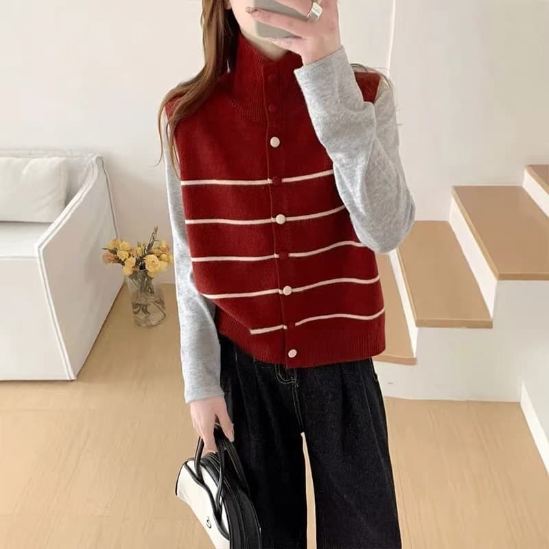 가을 겨울철 새로운 스택 착용 반하이넥 스트라이프 루즈핏 다용도 스웨터 오픈 가디건 베스트 니트 조끼 한 부서 민소매 상세 이미지 8