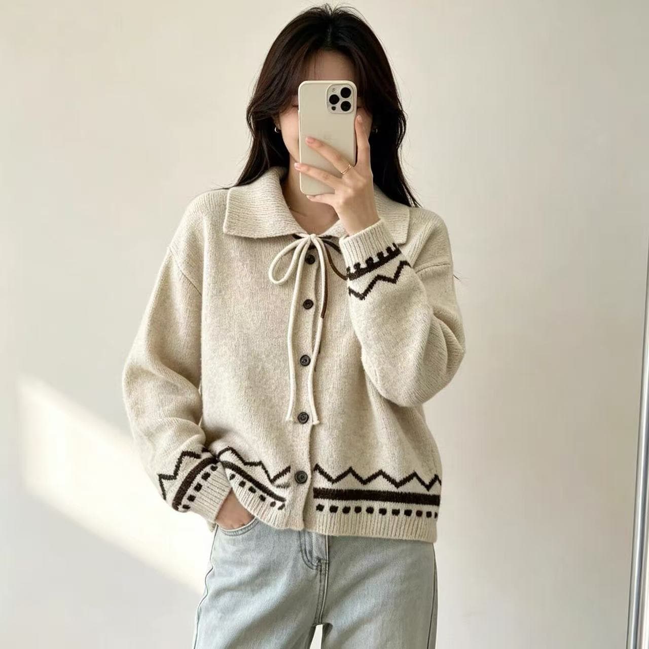 한 부서 디자인 센스 작은 대중 니트 오픈 가디건 여성 2026 가을 새로운 폴로 칼라 레이스업 스웨터 코트 가을 겨울 맨위 상세 이미지 8