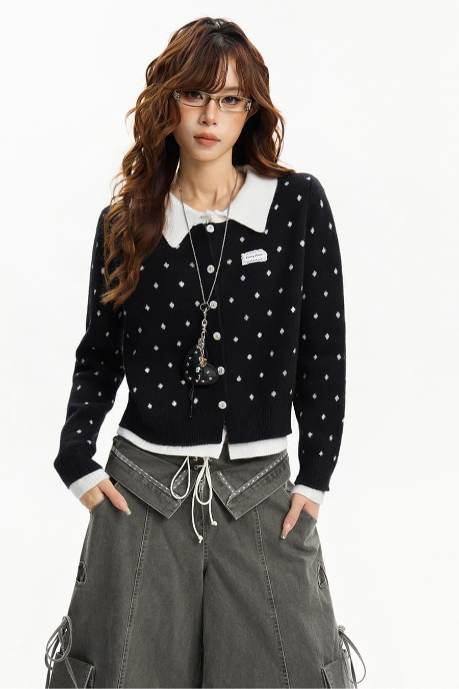 아메리칸 회색 긍정적 인 어깨 POLO 칼라 페이크 레이어드 스웨터 오픈 가디건 여성 코트 가을 겨울 몸매 가꾸기 슬림해 보이는 니트 스웨터 맨위 이미지 4