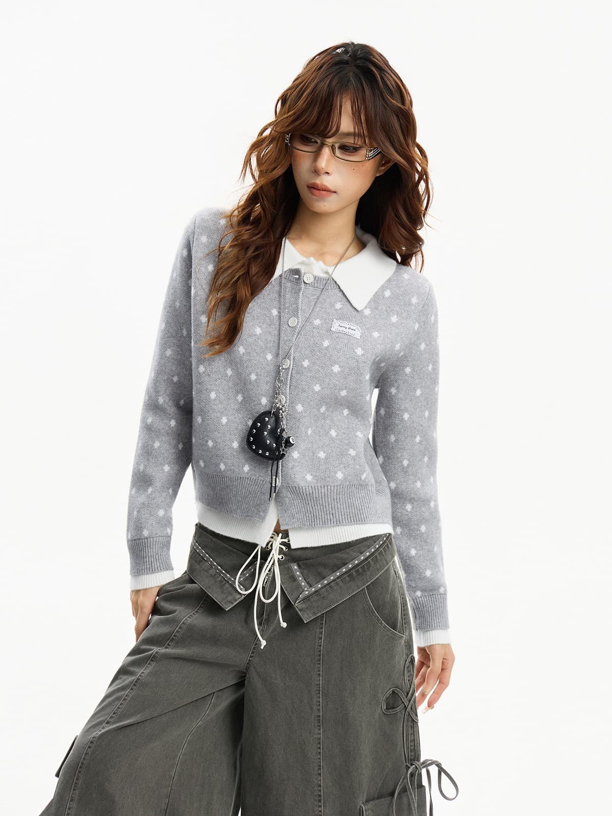 아메리칸 회색 긍정적 인 어깨 POLO 칼라 페이크 레이어드 스웨터 오픈 가디건 여성 코트 가을 겨울 몸매 가꾸기 슬림해 보이는 니트 스웨터 맨위 상세 이미지 6