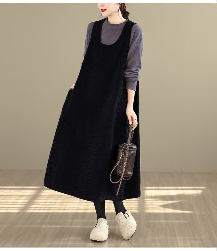 실사 대 물품 2025 가을 겨울 면 100% 워싱 코듀로이 빅 사이즈 루즈핏 롱 코트 꽃밭 여성 드레스 상세 이미지 18