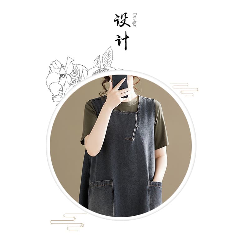 실사 대 물품 2026 봄 여름 루즈핏 빅 사이즈 레트로 작은 정사각형 칼라 데님 조끼 롱 스커트 풀오버 롱 코트 드레스 상세 이미지 2
