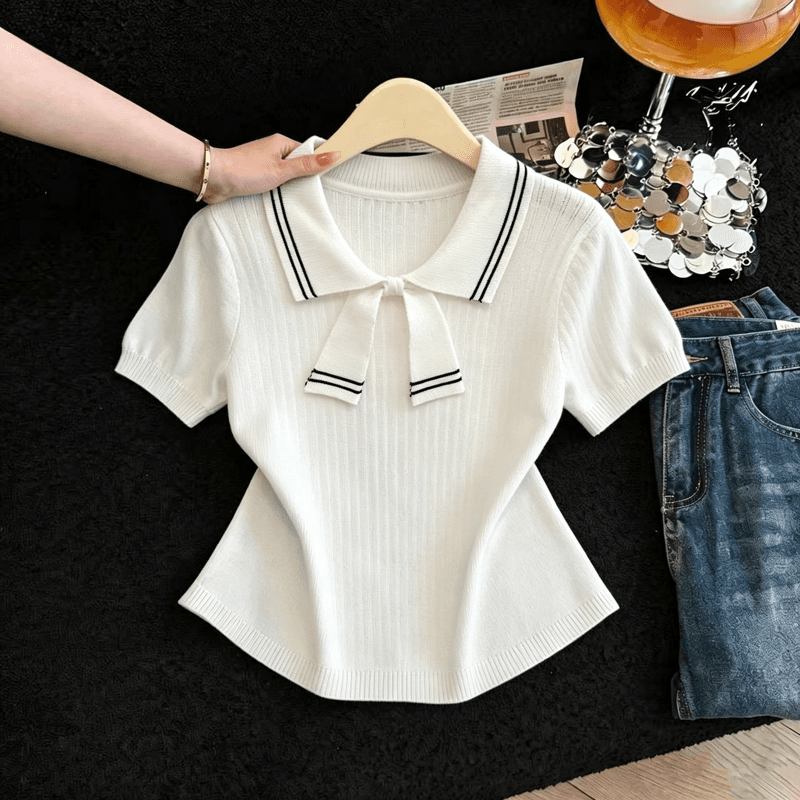 실사 학원 스타일 POLO 칼라 반팔 니트 티셔츠 여성 여름 새로운 작은 키 몸매 가꾸기 슬림해 보이는 얼음 실크 맨위 이미지 3