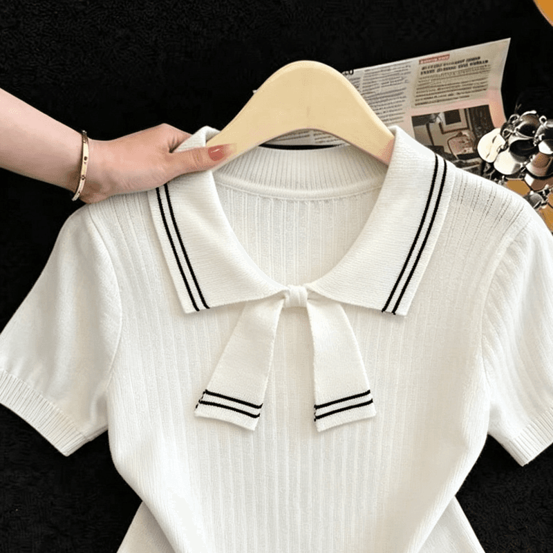 실사 학원 스타일 POLO 칼라 반팔 니트 티셔츠 여성 여름 새로운 작은 키 몸매 가꾸기 슬림해 보이는 얼음 실크 맨위 상세 이미지 7