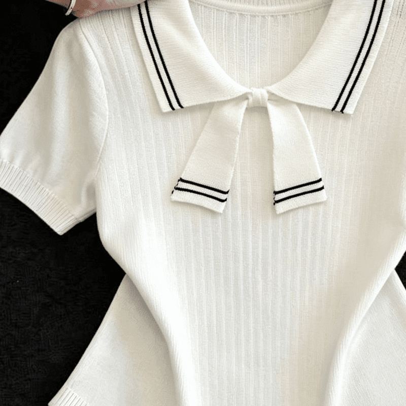 실사 학원 스타일 POLO 칼라 반팔 니트 티셔츠 여성 여름 새로운 작은 키 몸매 가꾸기 슬림해 보이는 얼음 실크 맨위 상세 이미지 8