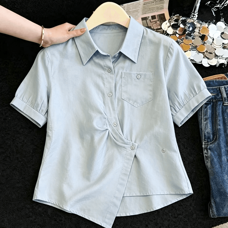 실사 디자인 센스 불규칙 비스듬한 버클 허리 수축 여성 셔츠 여름 부드러운 바람 연령 감소 품격 다용도 반팔 맨위 상세 이미지 9