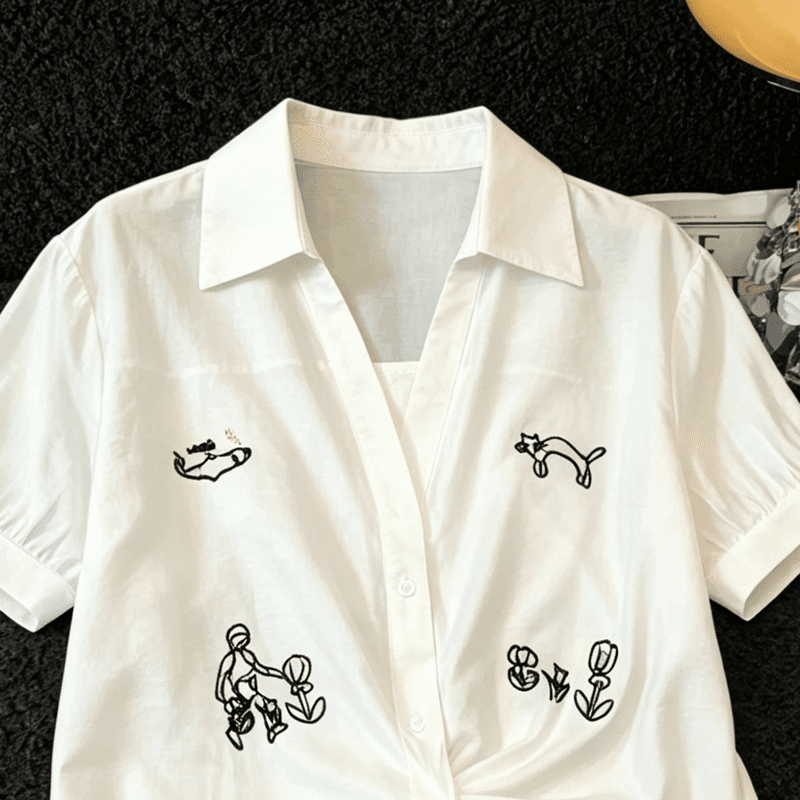 실사 한 부서 chic 자수 루즈핏 화이트 여성 셔츠 여름 새로운 Chic 비틀림 허리 수축 다용도 반팔 맨위 이미지 2