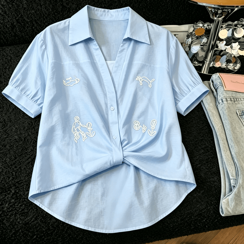 실사 한 부서 chic 자수 루즈핏 화이트 여성 셔츠 여름 새로운 Chic 비틀림 허리 수축 다용도 반팔 맨위 이미지 3
