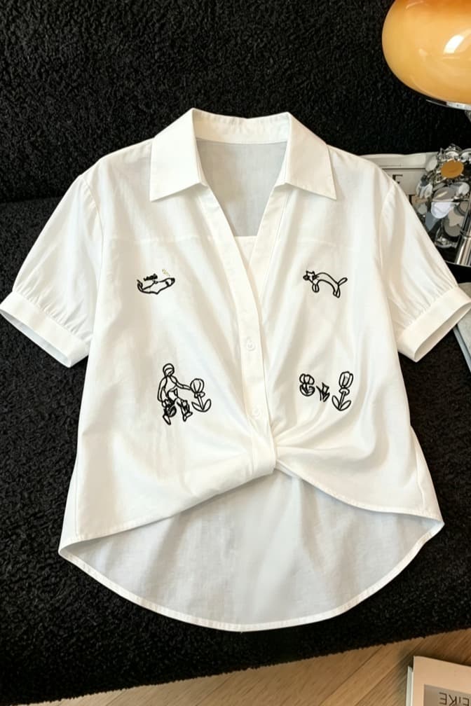 실사 한 부서 chic 자수 루즈핏 화이트 여성 셔츠 여름 새로운 Chic 비틀림 허리 수축 다용도 반팔 맨위 이미지 6