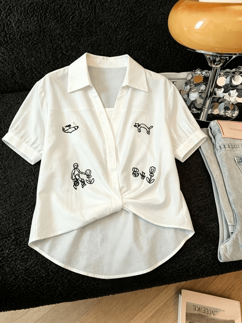 실사 한 부서 chic 자수 루즈핏 화이트 여성 셔츠 여름 새로운 Chic 비틀림 허리 수축 다용도 반팔 맨위 상세 이미지 2