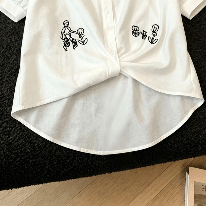 실사 한 부서 chic 자수 루즈핏 화이트 여성 셔츠 여름 새로운 Chic 비틀림 허리 수축 다용도 반팔 맨위 상세 이미지 4