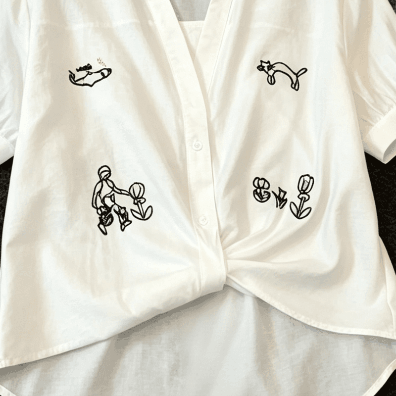 실사 한 부서 chic 자수 루즈핏 화이트 여성 셔츠 여름 새로운 Chic 비틀림 허리 수축 다용도 반팔 맨위 상세 이미지 5