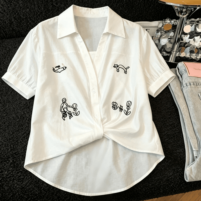 실사 한 부서 chic 자수 루즈핏 화이트 여성 셔츠 여름 새로운 Chic 비틀림 허리 수축 다용도 반팔 맨위 상세 이미지 6