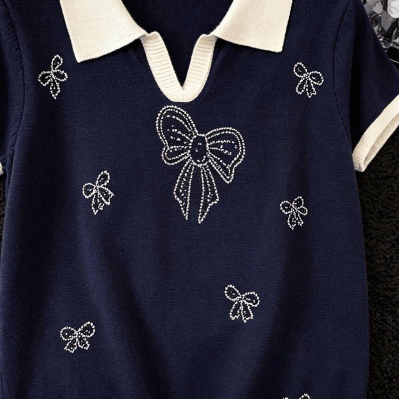 실사 개성 배색 POLO 칼라 니트 반팔 티셔츠 여름 새로운 핫픽스 나비 매듭 몸매 가꾸기 슬림해 보이는 맨위 이미지 4